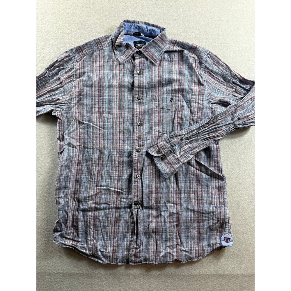 True Measure Button Down Shirt Mens Medium Blue Plaid Long Sleeve Comfort